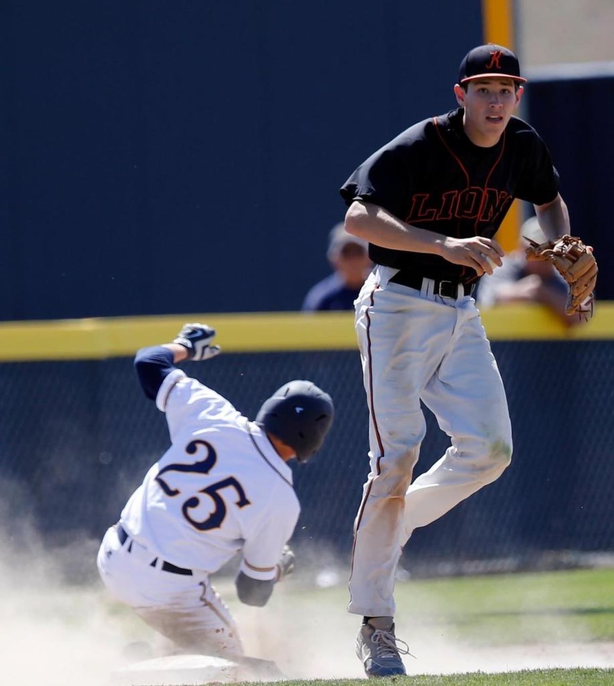 Kennewick shortstop Dillon Plew, right, has emerged as a leader in each of the three sports he plays — football, basketball and baseball.