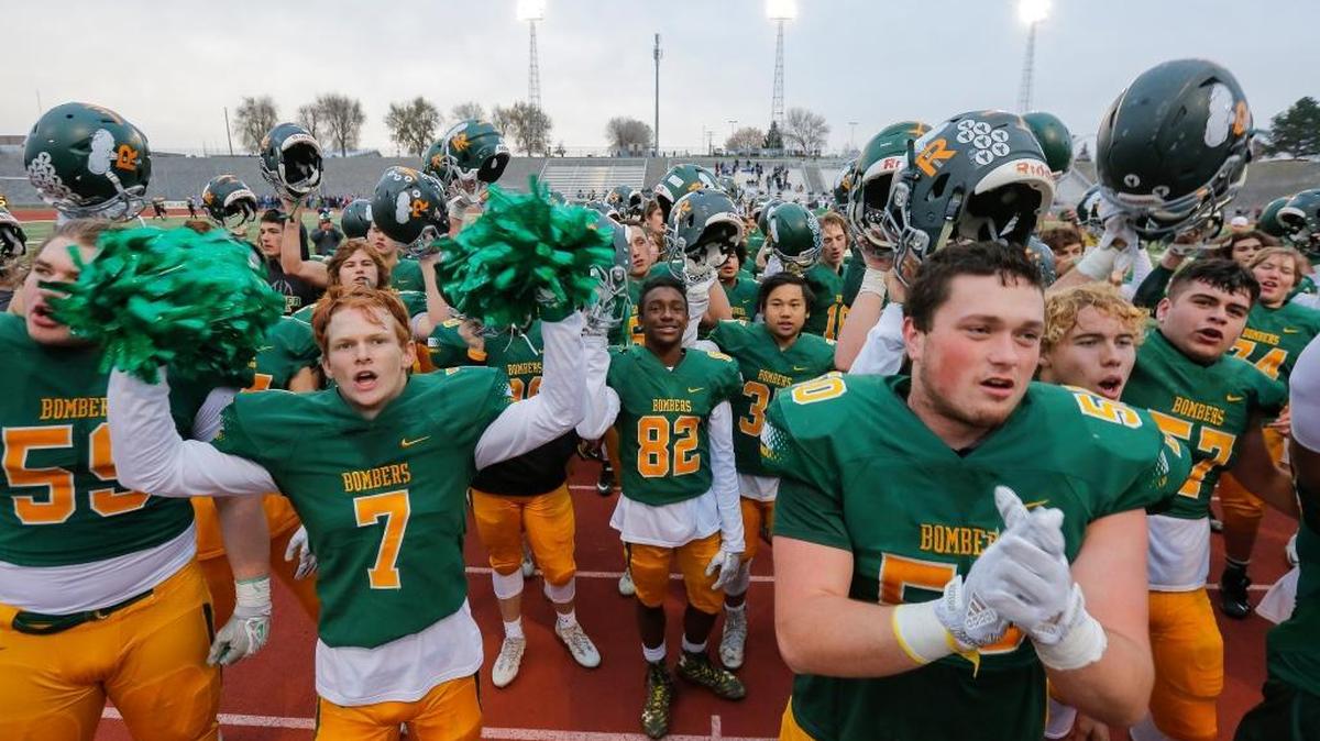 The Richland Bombers celebrate after winning a WIAA 4A state semifinal game against the Central Valley Bears 42-10 on Saturday at Edgar Brown Memorial Stadium in Pasco.