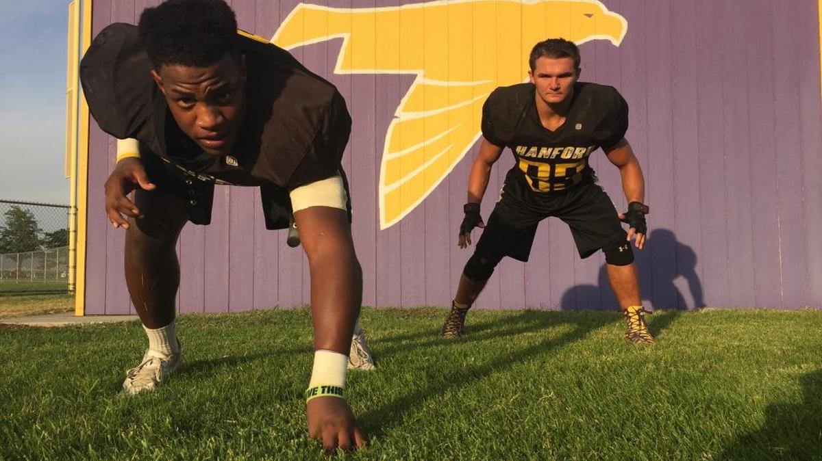 
Defensive end Kedrick Skinner, left, and middle linebacker Austin Dreyer have emerged as two of the top defensive playmakers in the Mid-Columbia Conference and are a major reason for the Hanford Falcons’ re-emergence as a winning team. 
