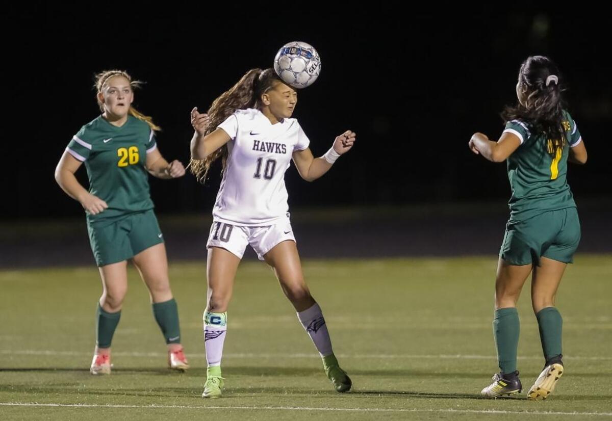 File photo -- Chiawana High’s Summer Yates heads the ball during a 2017 MCC girls soccer game against Richland.