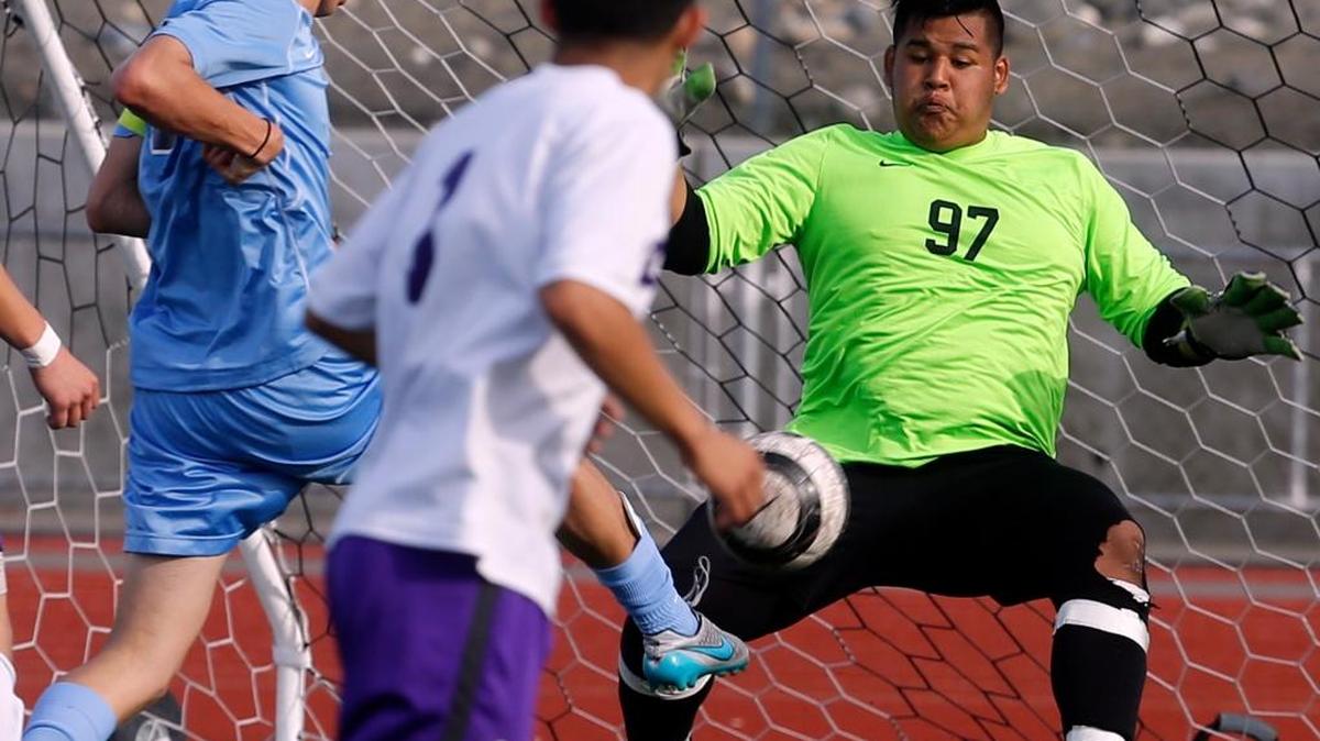 Pasco High School goalie Francisco Moreno (97) posted a 4-0 shutout Tuesday against Mount Rainier. The Bulldogs will need another big game from Moreno on Saturday, when they play Central Valley in the Class 4A state quarterfinals.