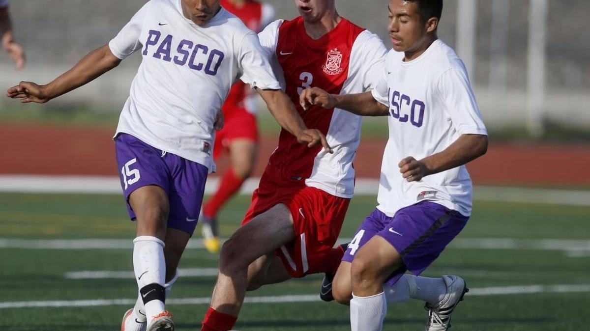 Pasco High School senior forward Jesus Meraz Rodriguez, kicking the ball against Ferris during the 2016 season, is the Tri-City Herald’s All-Area boys soccer Player of the Year for the second straight season.