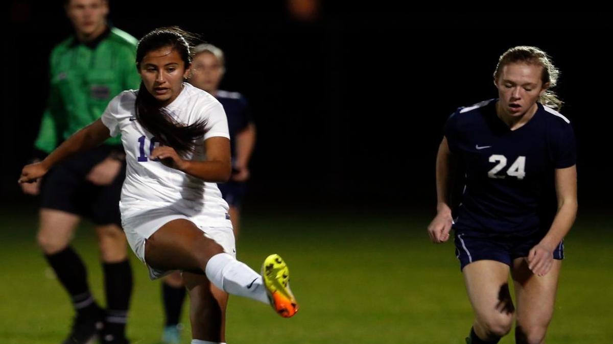 Hanford junior midfielder Dani Mendoza (10) has used her set-piece opportunities in the postseason to lift the Falcons to their first state appearance since 2010. If Hanford beats West Valley of Yakima on Friday, it will advance to the state championship game for the first time since 1990.
