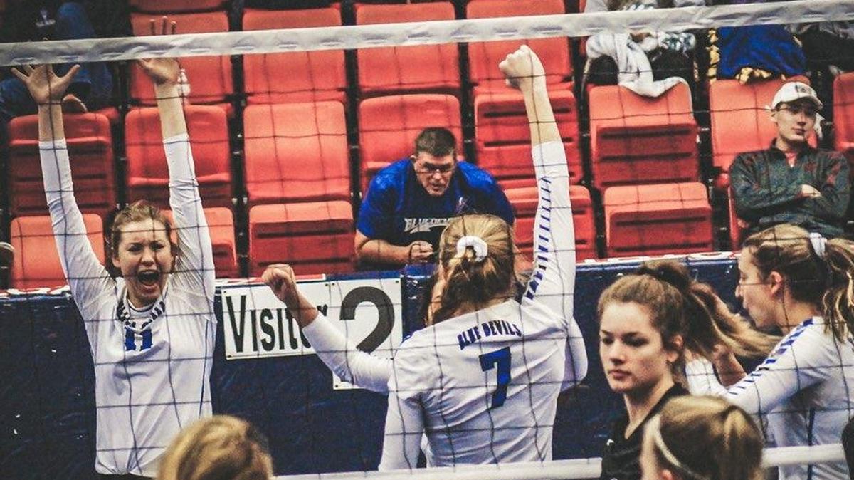 The Walla Walla volleyball team celebrates a point Saturday against Eastlake at the 3A state volleyball tournament at Toyota Center.