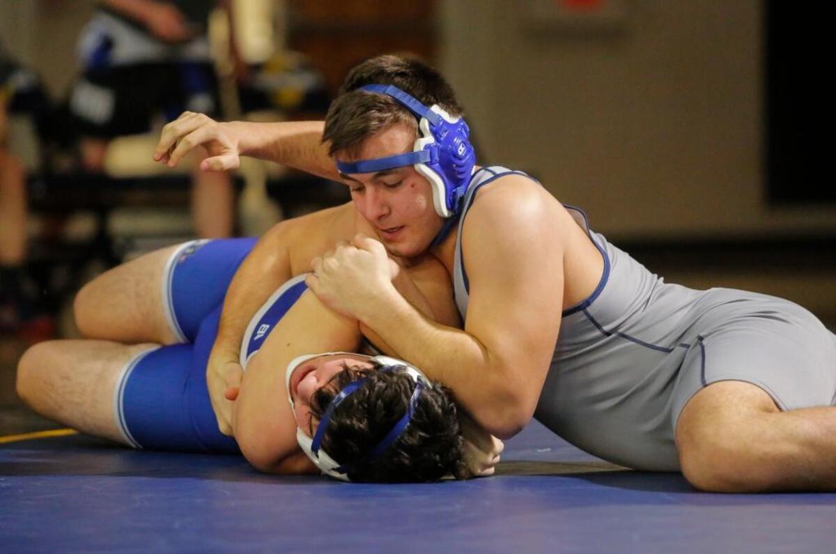 Southridge's Atsamaz Pliev, right, wrestles with Isaac Melton of Walla Walla in a 220-pound bout during a Mid-Columbia Conference dual on Thursday at Southridge High School in Kennewick. Pliev pinned Melton in 1:51. Southridge won the dual 55-17.