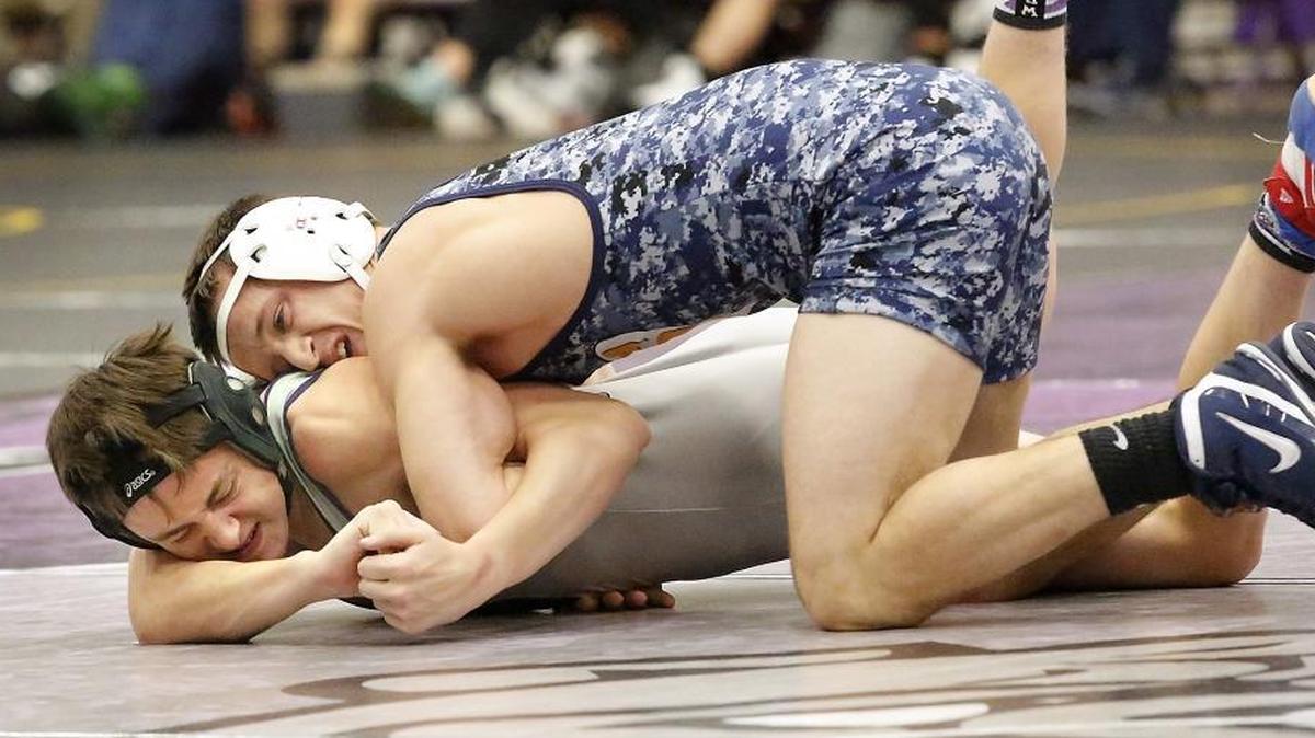 Southridge wrestler Steven Saltz, top, controls Pasco's Jay Hollibaugh during their Friday morning 152-pound match at the Best of the West Wrestling Tournament at Pasco High School. Saltz won the match with a pin.