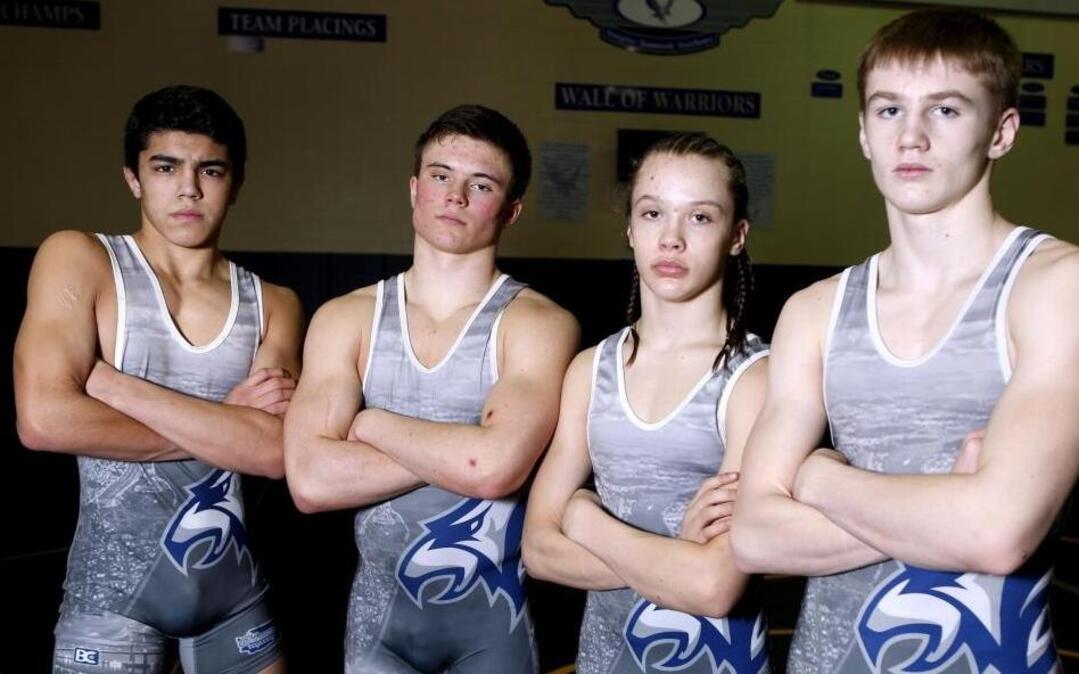 Freshmen, from left, Rey Aranda, Riley Cissne, Robby Vaughn and Tyson Stover have been a big part of the success of the Chiawana wrestling team this season. The Riverhawks won the MCC 4A district crown and head to regionals Friday and Saturday at Hanford High School.