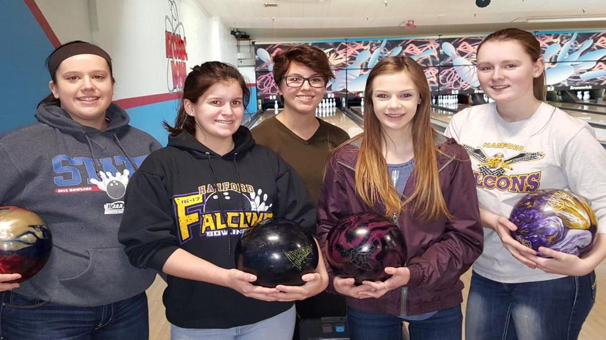 Danyelle Moore (from left), Sara Harris, Megan Bean, Kylee Horner and Emily Goodnight are representing Hanford High School at the Class 4A state bowling tournament Friday and Saturday in University Place.