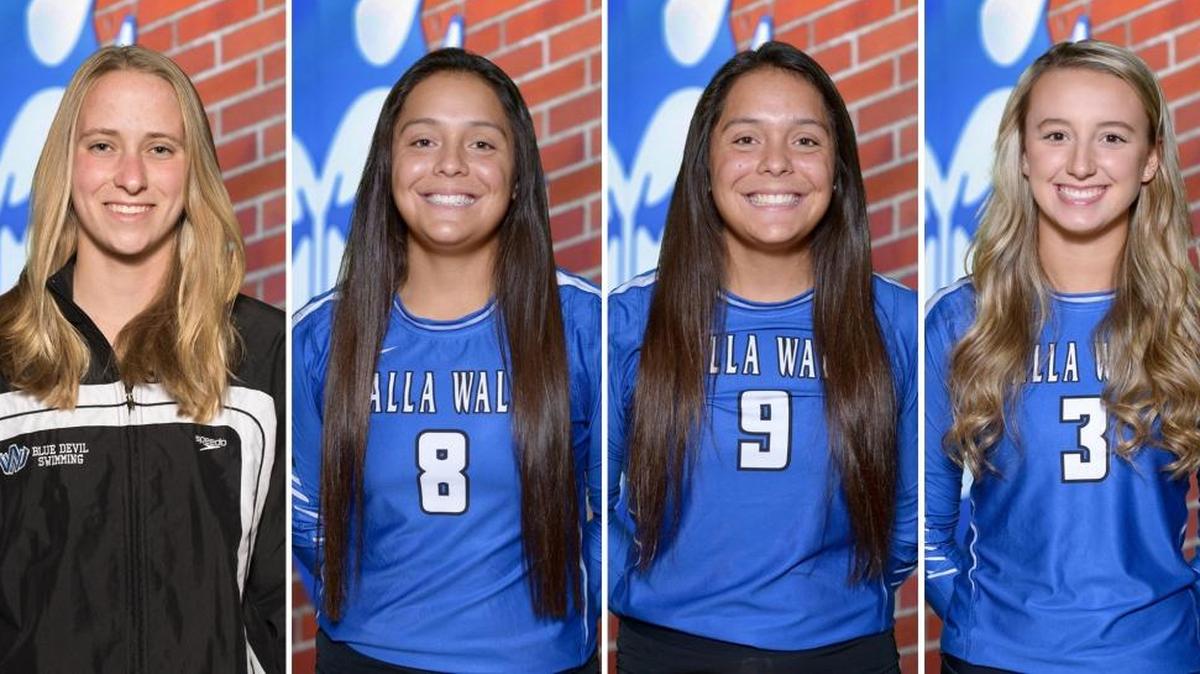 Walla Walla High School’s Paige Gardner (from left) will swim at Washington State, while Faith Hoe and Lauren Hoe will play softball at Weber State, and Kamryn Coleman will play softball at University of Central Arkansas.