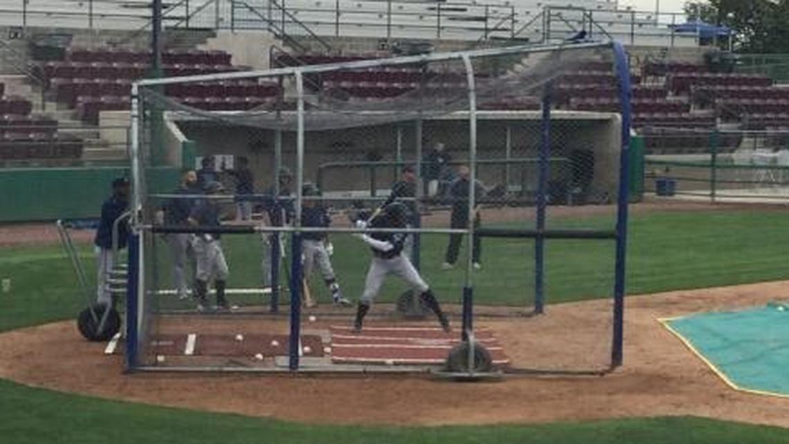Mariners first-round draft pick and Everett AquaSox center fielder Kyle Lewis takes batting practice Friday at Gesa Stadium before making his professional debut against the Dust Devils.