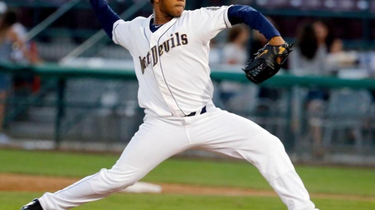 Emmanuel Ramirez, throwing a pitch against the Everett AquaSox during the 2016 season, will be the Opening Day starter for the Tri-City Dust Devils for the second straight season.