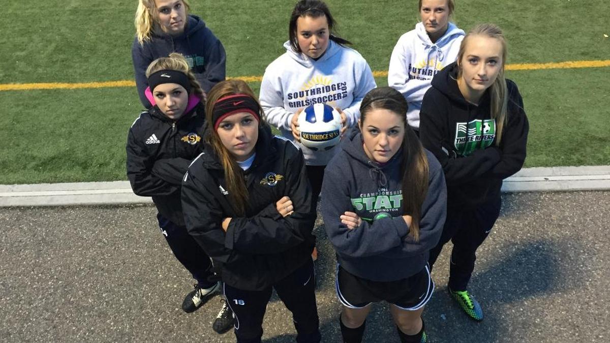 Members of the Southridge girls soccer team (counter-clockwise from top left) Emma Schutt, Emily Russell, Haley Thomas, Bri Hunting, Kendall Pope, Kelly Brown and Tiara Valadez will lead the Suns into the Class 3A state semifinals. They play at 2 p.m. Friday against Arlington at Sparks Stadium in Puyallup.
