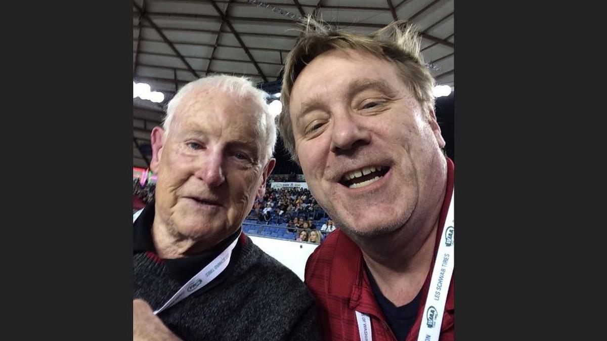 Bob Robertson, retiring as Voice of the Cougars, and Jeff Morrow, retired as Tri-City Herald sports editor, at the high school state basketball tournament in Tacoma in 2015.