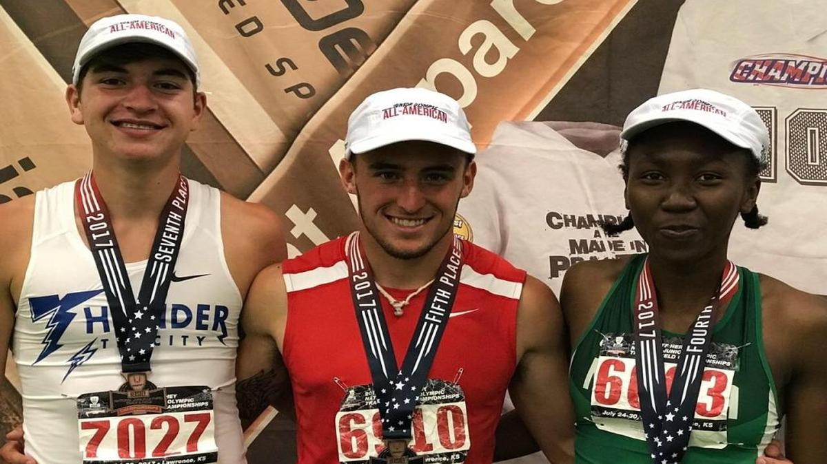 Hanford High athletes Beau Franklin (110 hurdles), from left, Joe Gauthier (100 meters) and Nyenuchi Okemgbo (100 hurdles) all earned All-American honors in their respective events last week at the USATF Hershey National Junior Olympic Track & Field Championships in Lawrence, Kan.