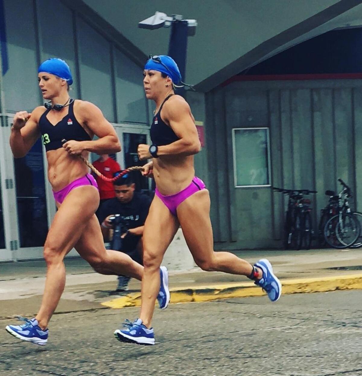 Michaela North runs with partner Tiffany Hendrickson during the run-swim-run event at the Reebok CrossFit Games from Aug. 3-6 in Madison, Wisc. North’s Wasatch CrossFit team finished sixth in the event.