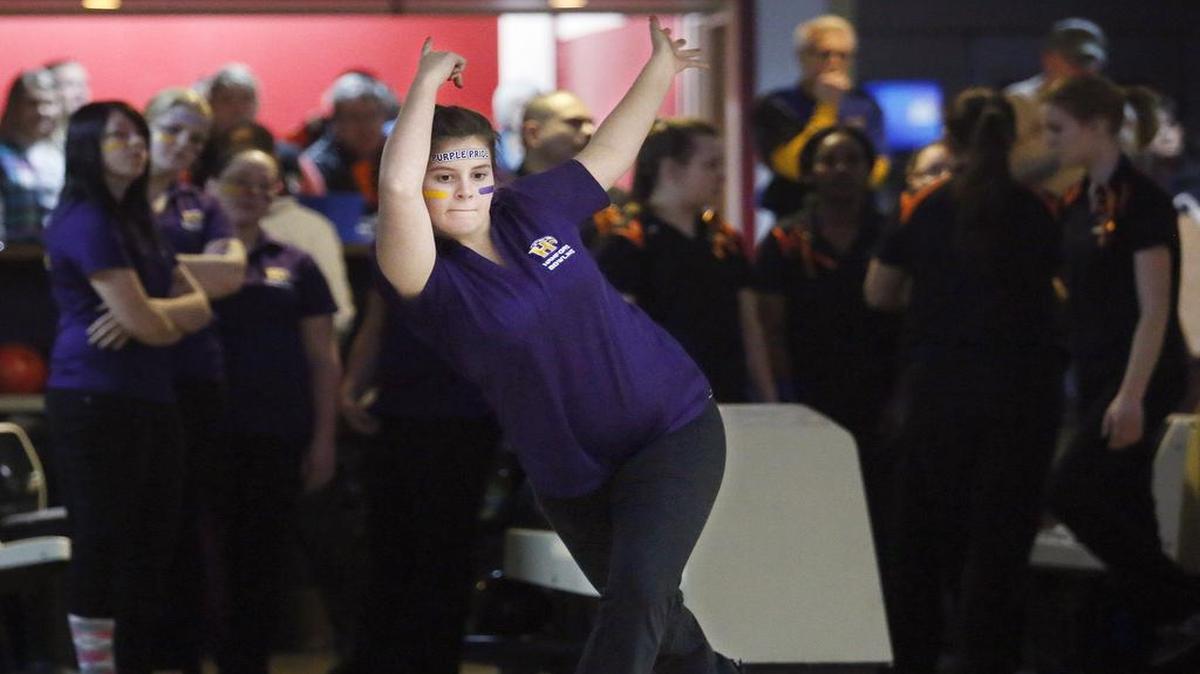 Hanford High School’s Sara Harris bowls during the 2015 MCC District Tournament at Go Bowl Lanes in Pasco. Harris won the 3A individual title.