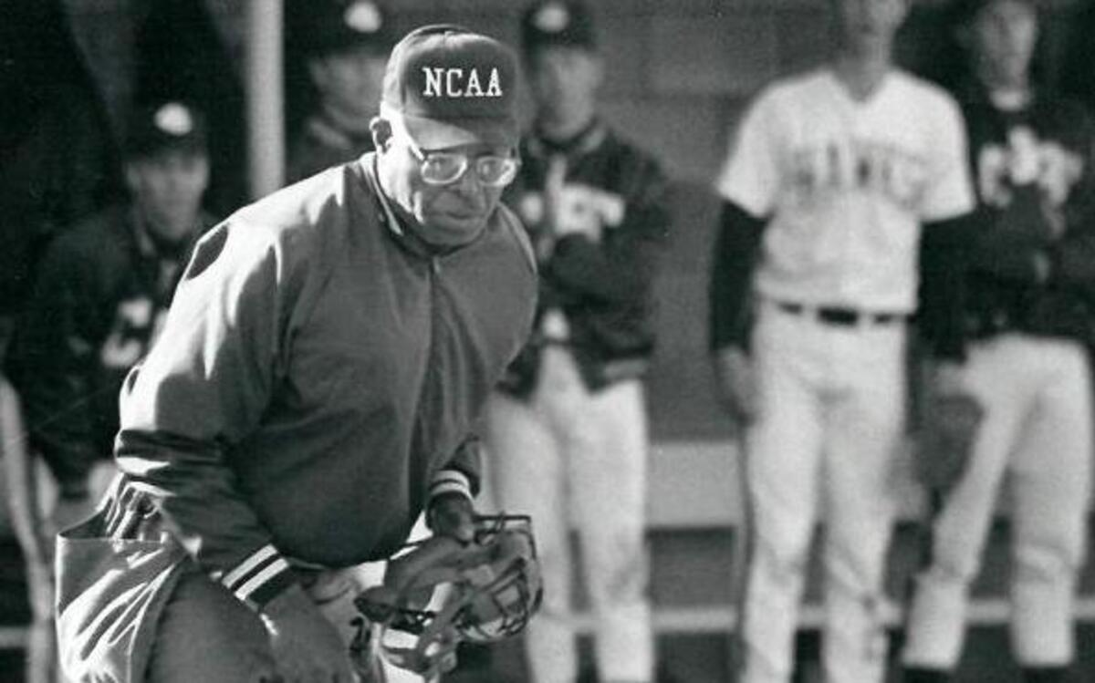 Umpire CJ Mitchell stands ready to make the call at home plate during this baseball game in March 1991 at Columbia Basin College in Pasco.