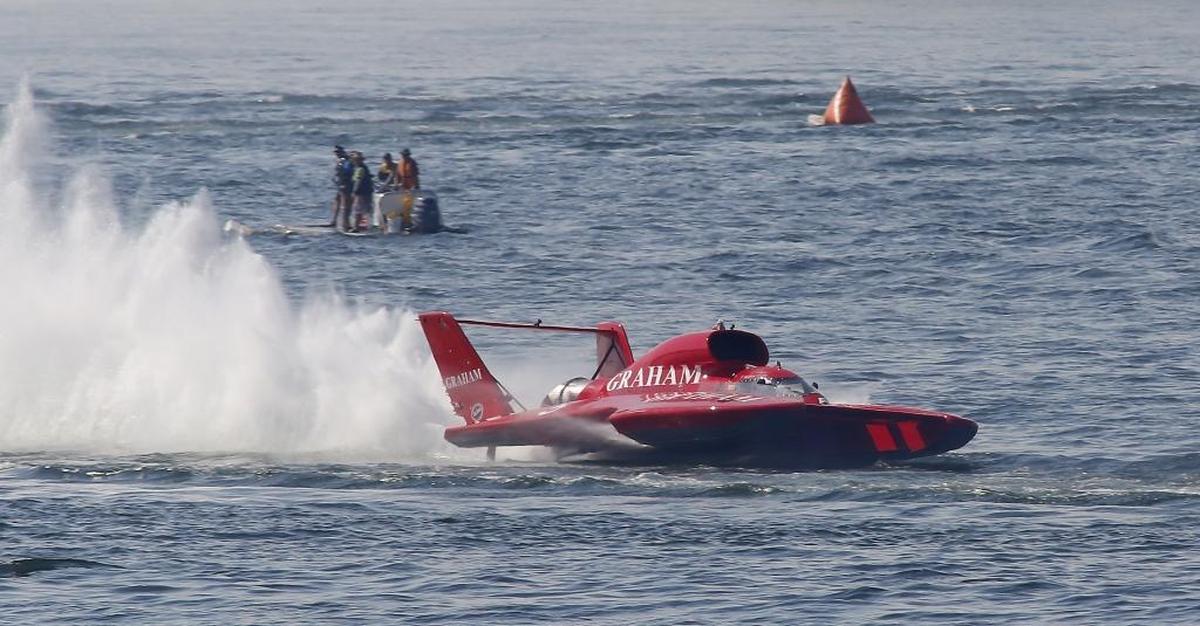 J. Michael Kelly powers his U-5 Graham Trucking boat through rough water on the upper part of the Columbia Cup race course during the final heat of the 2016 Water Follies. He’ll be running in the U-12 this year — under the same sponsor — in a boat that was thoroughly renovated during the off-season.