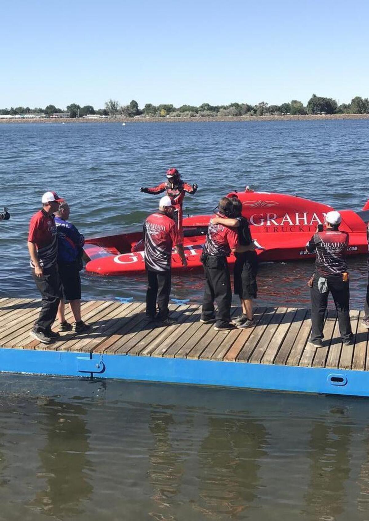 J. Michael Kelly exits his U-12 Graham Trucking hydroplane to celebrate with his team on the docks after winning the 2017 Columbia Cup on Sunday on the Columbia River.