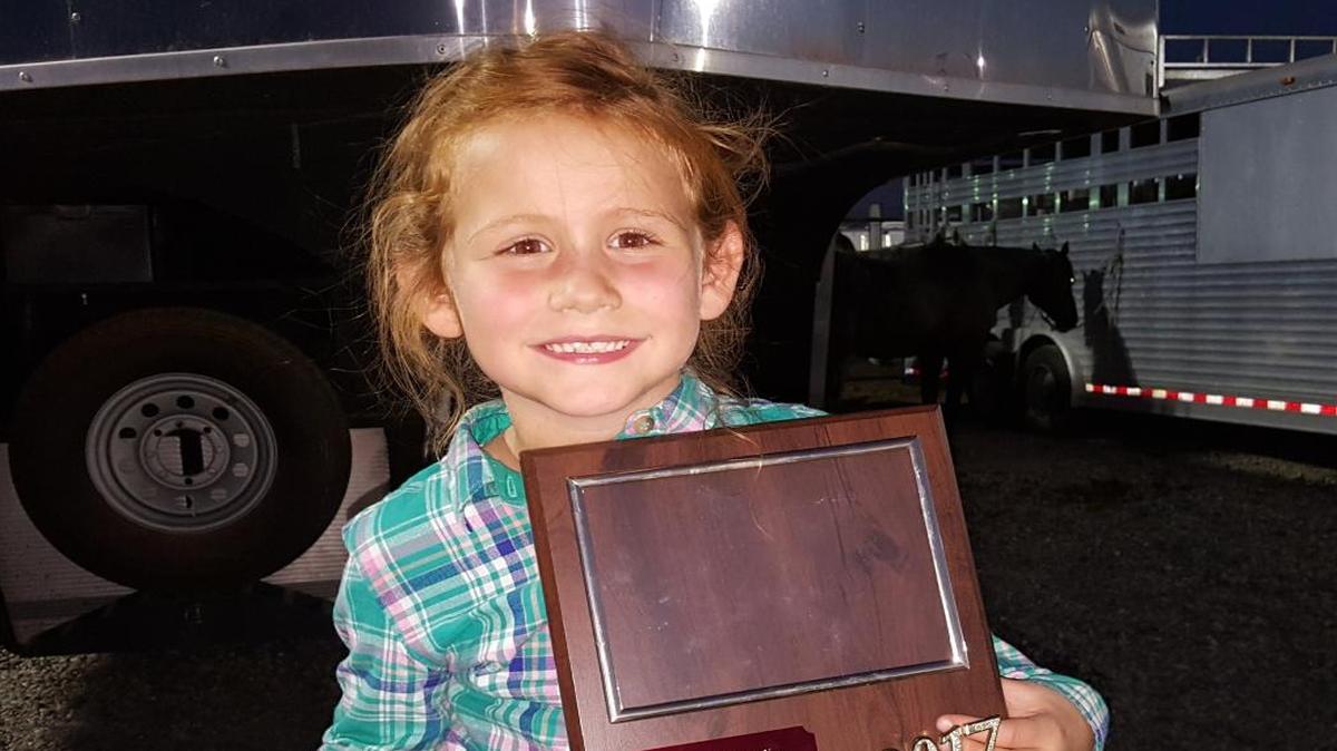 Clara Kinion, 6, of Kennewick, won the mutton bustin' competition at the Benton Franklin Fair and Rodeo with a score of 95 points. The incoming first grader at St. Joseph's Catholic School in Kennewick had the top mark of 94 going into the finals. She won a belt buckle, plaque and a $150 Visa gift card.