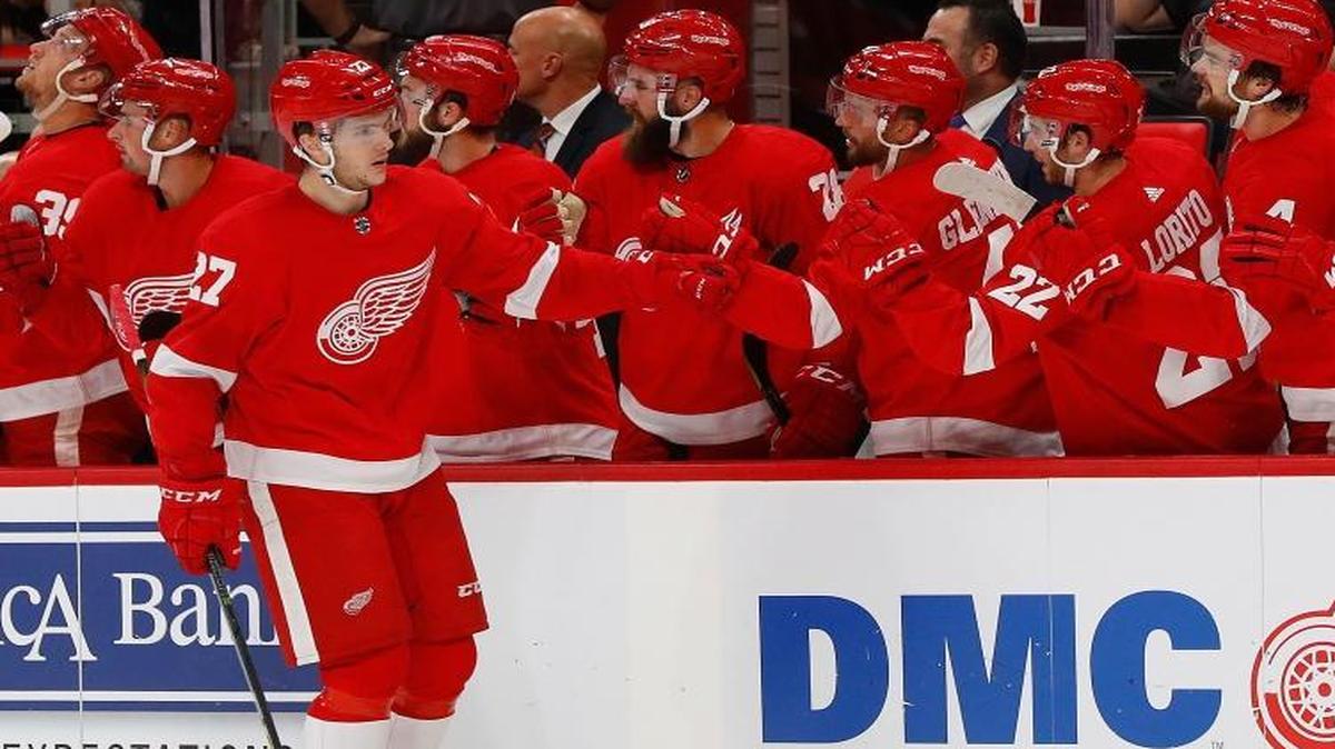 Detroit Red Wings center Michael Rasmussen (27) celebrates his goal Monday against the Pittsburgh Penguins during the first period of a preseason game in Detroit.