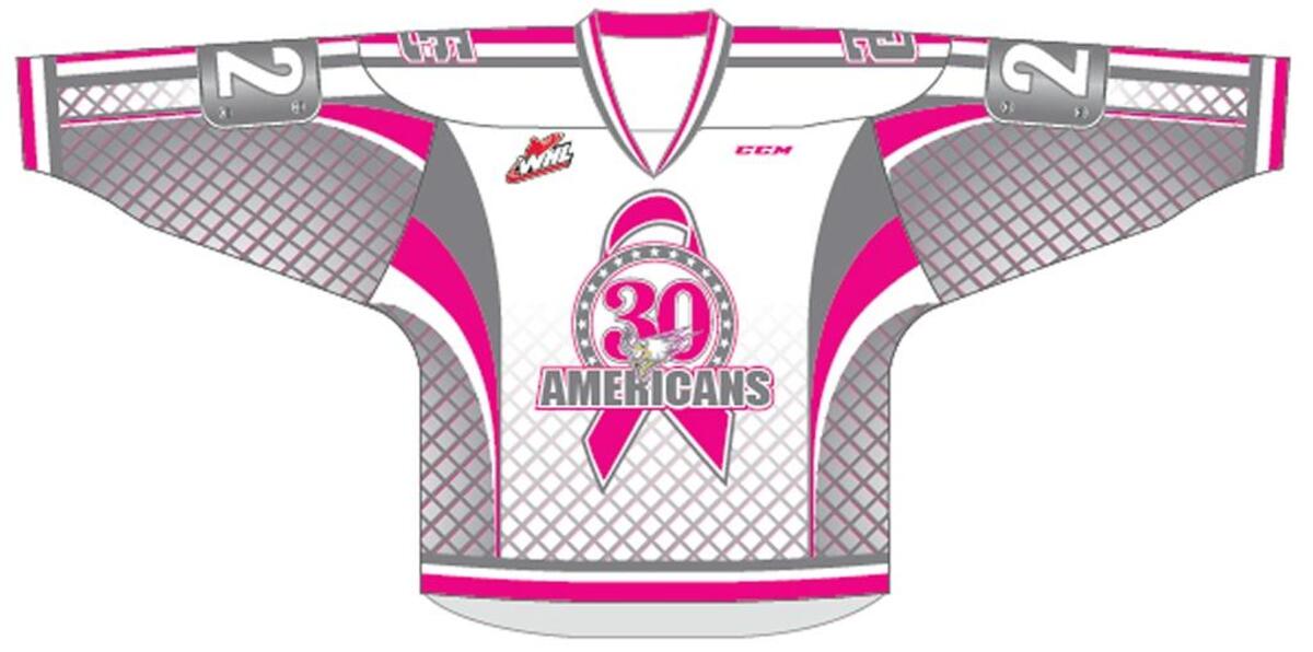 This is the front view of the Tri-City Americans Breast Cancer Awareness jerseys that will be up for auction during Saturday’s game.
