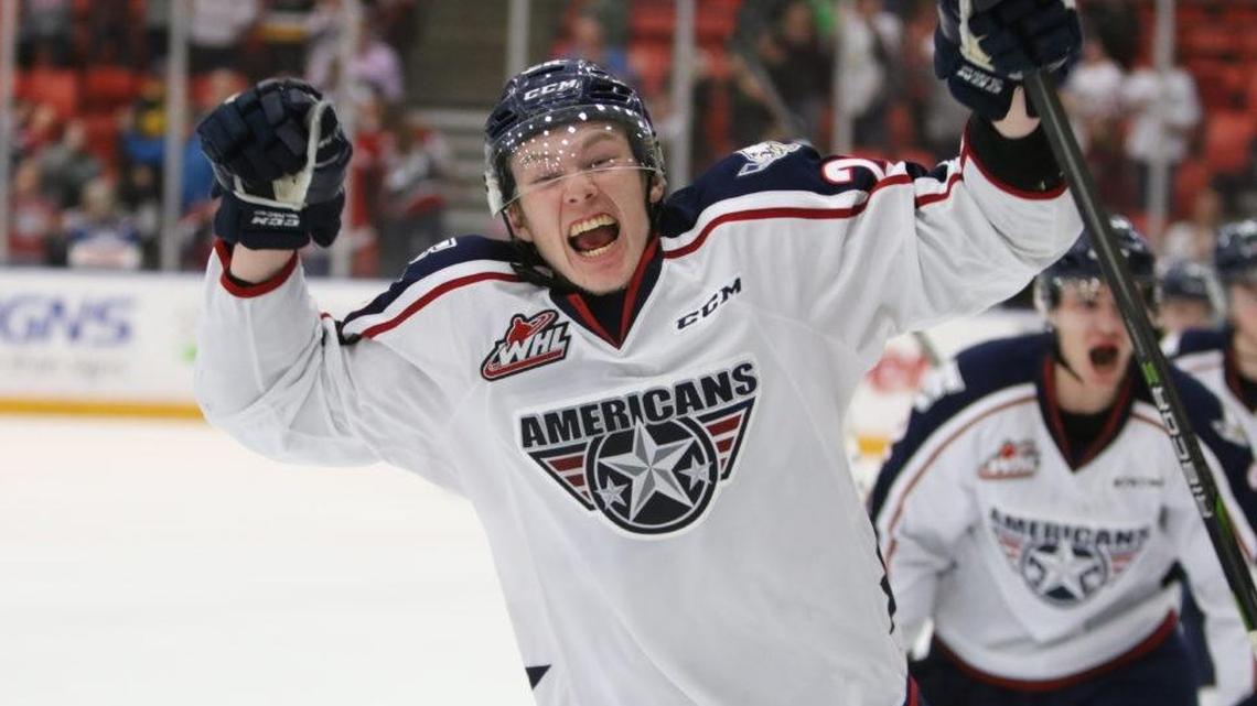 Tri-City’s Morgan Geekie celebrates his game-winning goal March 29 against Kelowna in Game 4 of their series. The Americans swept the Rockets and will face Victoria in the second round of the playoffs beginning Friday.