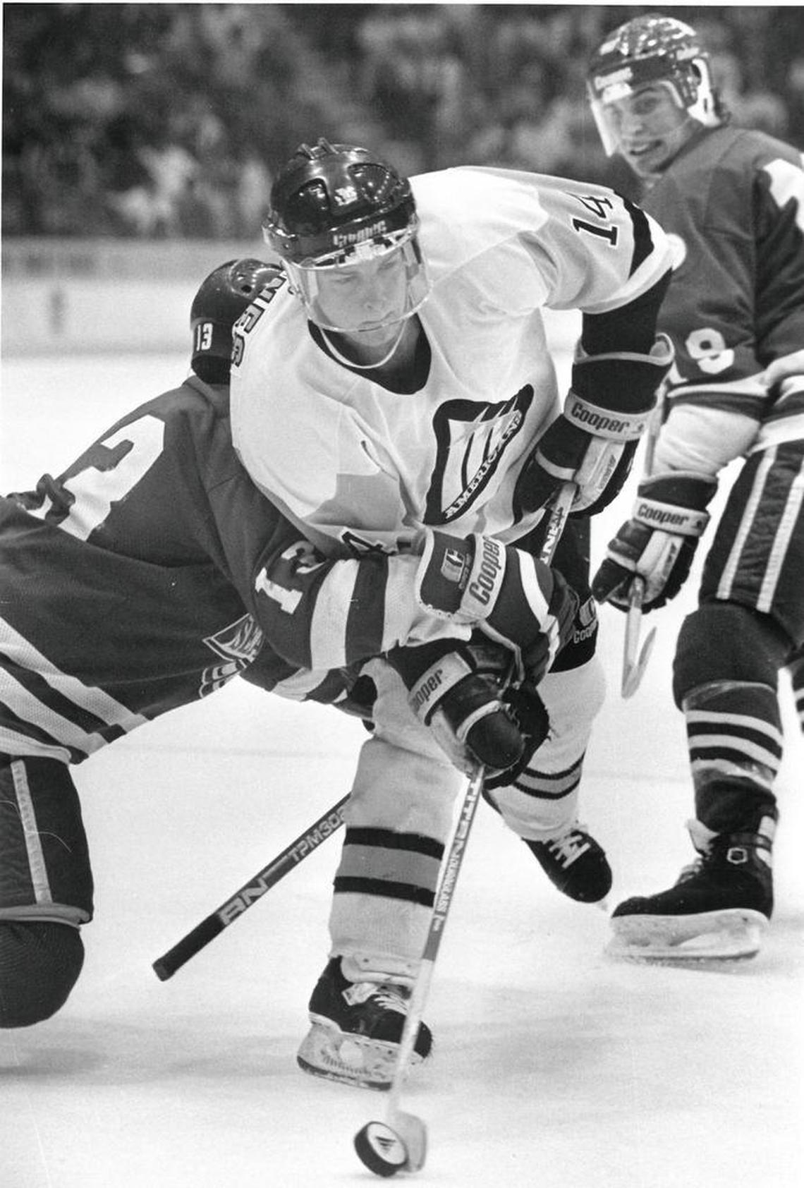 Stu Barnes wins a faceoff and scores a goal during the team’s come from behind victory in the home opener against the Seattle Thunderbirds in 1988.