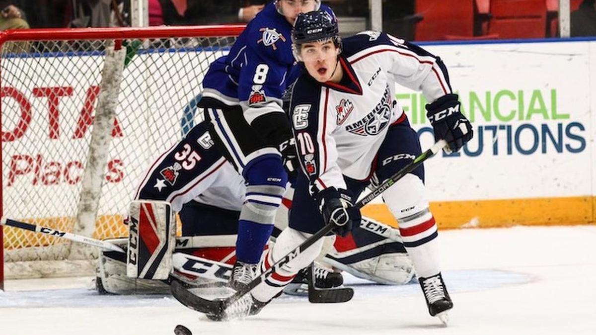 Tri-City Americans defenseman Dylan Coghlan (10) clears the puck during a WHL game against the visiting Victoria Royals on Wednesday at the Toyota Center. Tri-City won 7-1.