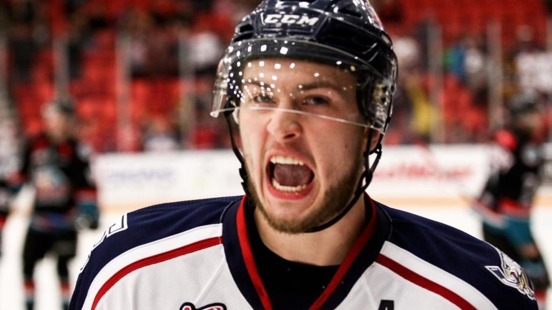 Tri-City’s Jordan Topping celebrates his first-period goal Thursday night against the Kelowna Rockets. The Americans won 5-3 to advance to the second round.