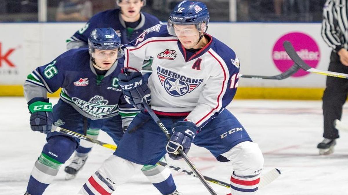 Tri-City’s Jordan Topping (12) scored two goals Saturday against Seattle in the Western Hockey League season opener for both teams. The Thunderbirds won 4-3.