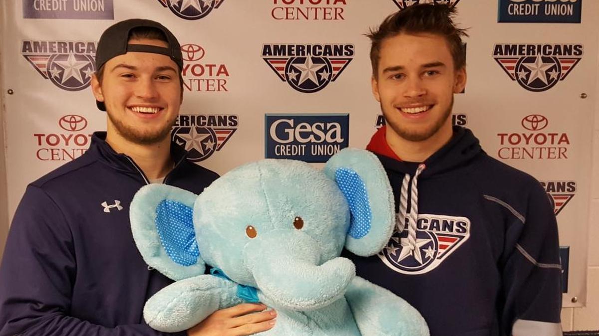 Tri-City Americans Jordan Topping, right, and Parker Wotherspoon are looking forward to Saturday’s Teddy Bear Toss game against the Victoria Royals.