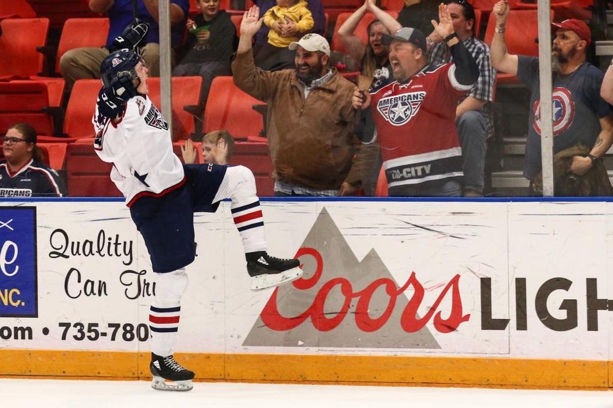 Tri-City’s Morgan Geekie celebrates his third goal of the game in the second period Tuesday night against the Victoria Royals at Toyota Center.