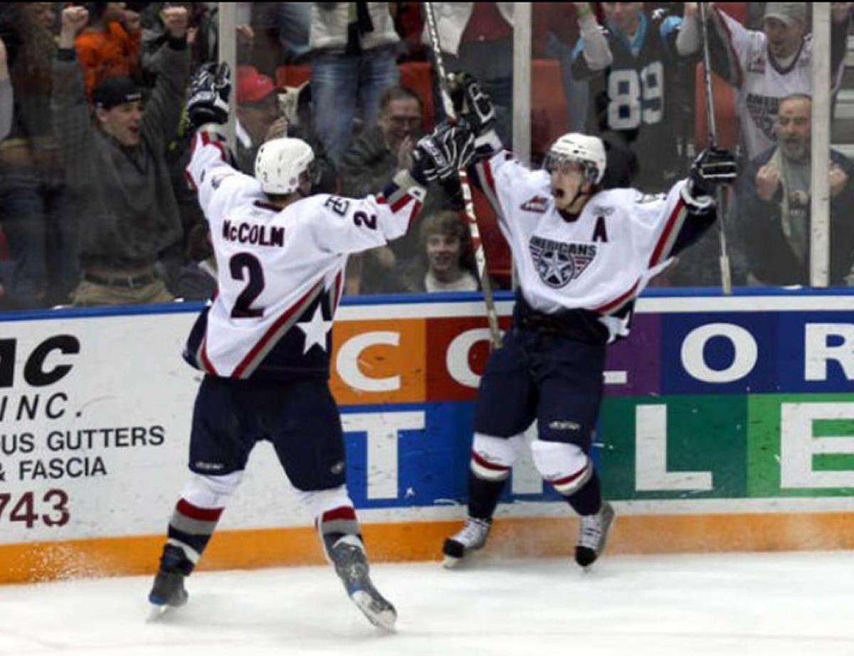 Tri-City’s Mitch McColm (2) and Mitch Fadden celebrate Fadden’s overtime goal Jan. 25, 2009 against Everett. Fadden died Dec. 3 at age 29.