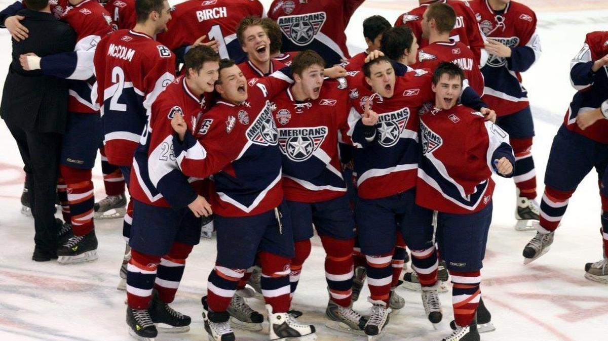 The Tri-City Americans celebrate their first U.S. Division title in 2008 after beating Spokane 2-1 on March 15. In front are T.J. Fast (from left), Colton Yellow Horn, Joel Ridgeway, Jarrett Toll, Jason Reese and Kruise Reddick.