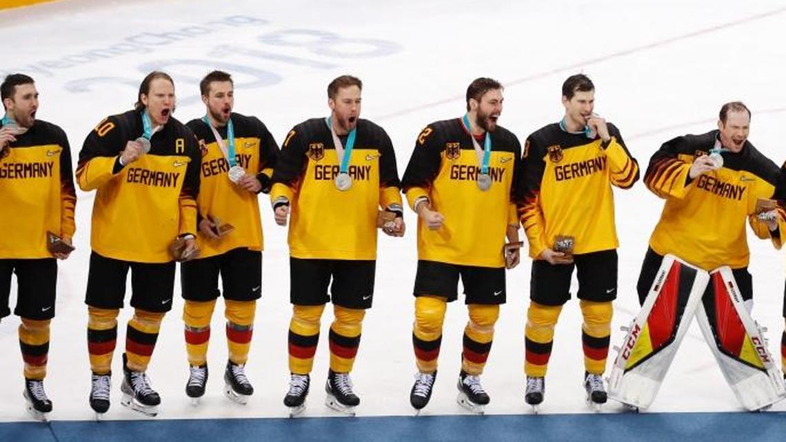 Former Tri-City American Brooks Macek (third from left) and his German teammates react after receiving their silver medals Sunday after losing the men’s gold medal hockey game against the Olympic athletes from Russia, 4-3, at the 2018 Winter Olympics in Gangneung, South Korea.