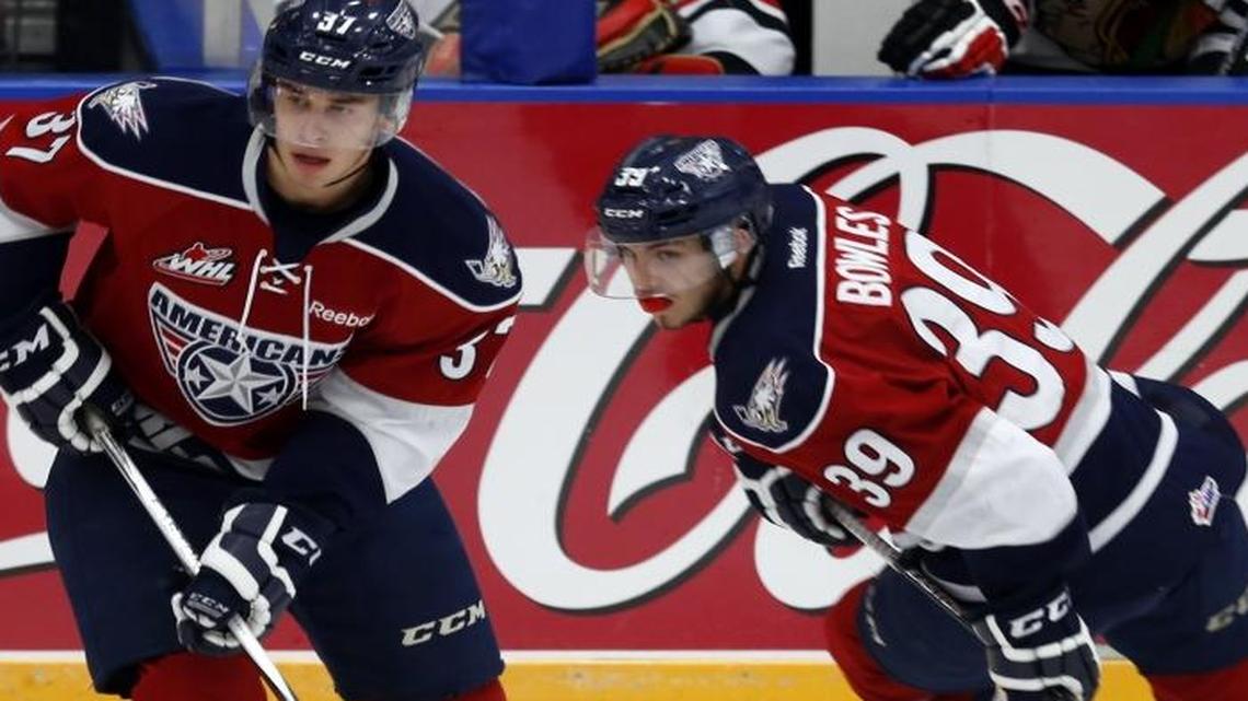 The Tri-City Americans’ Parkers — Parker Wotherspoon, left, and Parker Bowles — have strong grades through the first half of the WHL season.