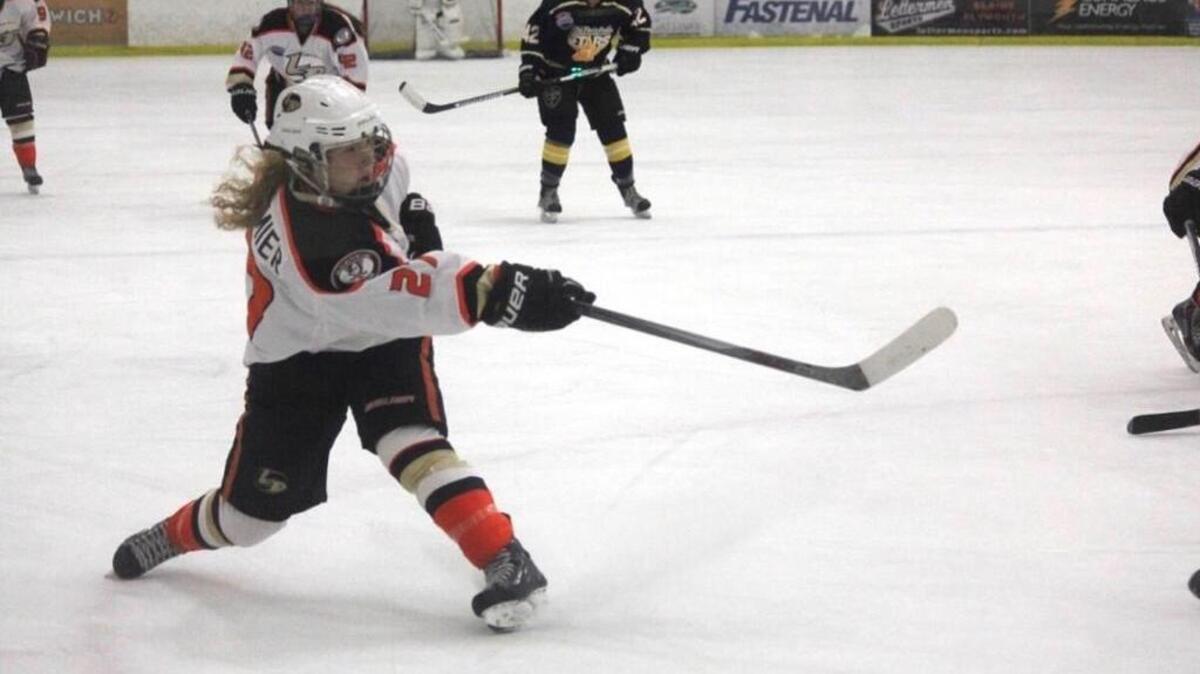 Richland native Katherine Beaumier, here playing for the Mighty Ducks in Anaheim, Calif., is headed to Clarkson University in New York to play hockey.