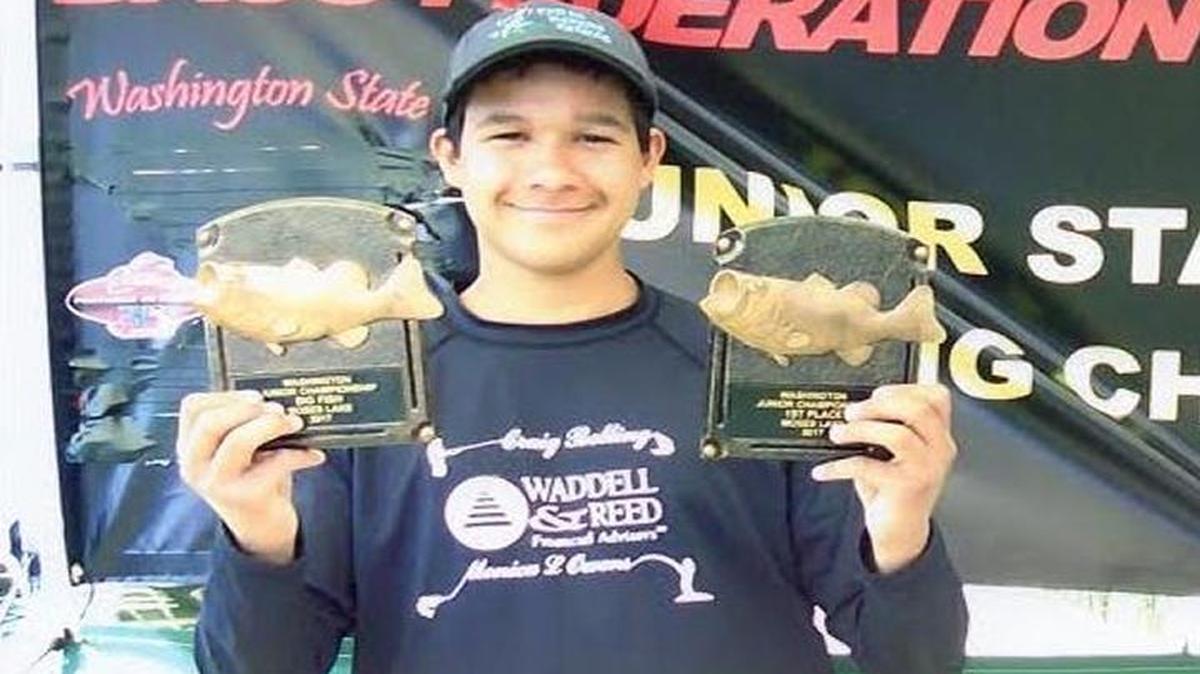Hanford High School student Jordan Gregory, 15, poses with his first-place and big-fish trophies at the Washington Junior State Bass Fishing Championships on May 20 in Moses Lake. Gregory landed a large mouth that weighed in at 3.55 pounds, and his top five catches totaled 12.12 pounds to win him the championship. He’s headed to Camden, S.C., to compete in The Bass Federation’s Junior World Championship, which takes place Aug. 10 on Lake Wateree.