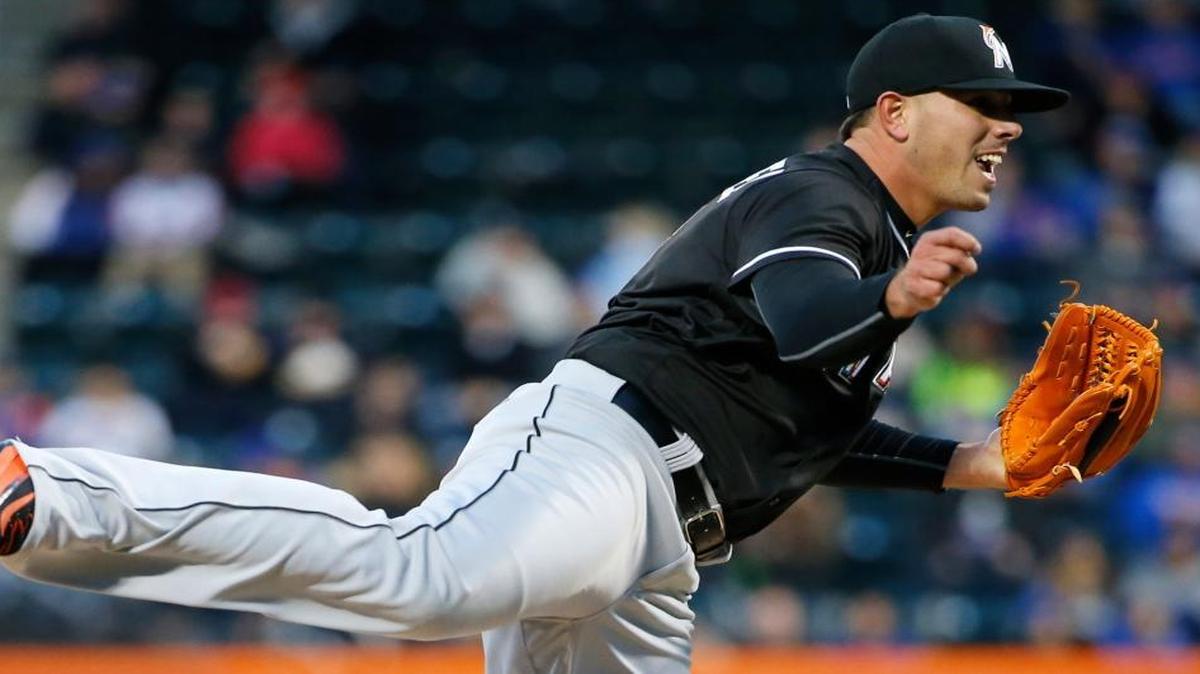 Miami Marlins starting pitcher Jose Fernandez (16) kicks his leg as he follows through on a pitch during the first inning in a baseball game against the New York Mets, Tuesday, April 12, 2016, in New York.
